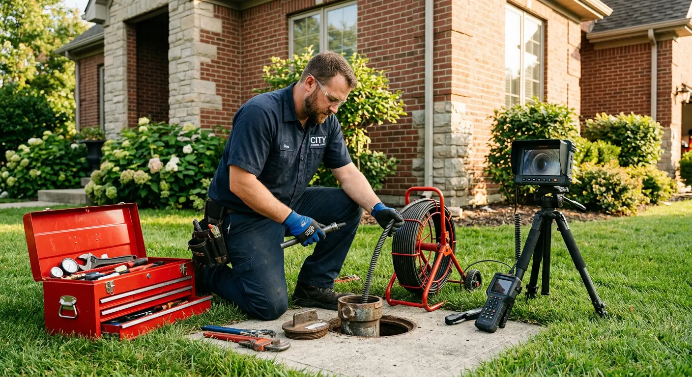 Sewer specialist with camera equipment servicing a cleanout in Mansfield