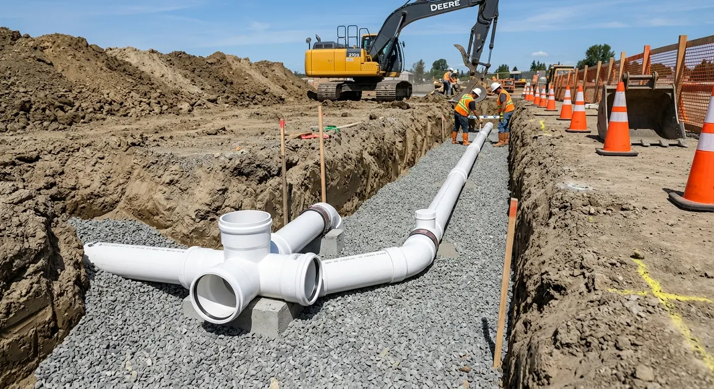 New PVC sewer pipe installation in open trench for Grease Trap Cleaning in Mansfield